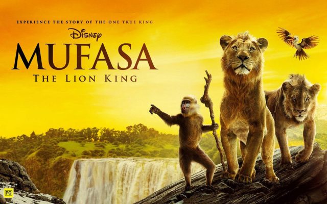 Lions, monkey and a bird at the top of a waterfall. Mufasa: The Lion King